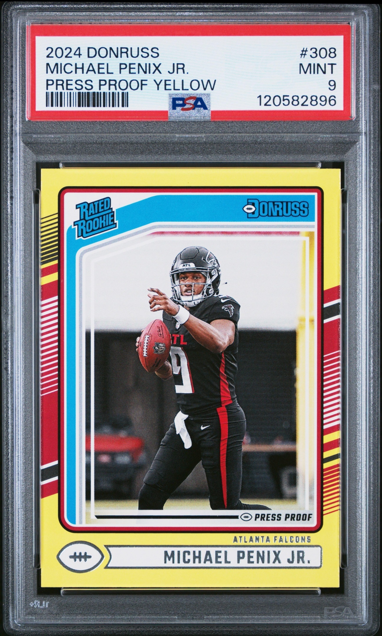 Card image for 2024 Panini Donruss Michael Penix Jr. Press Proof Yellow #308 Rated Rookie Falcons