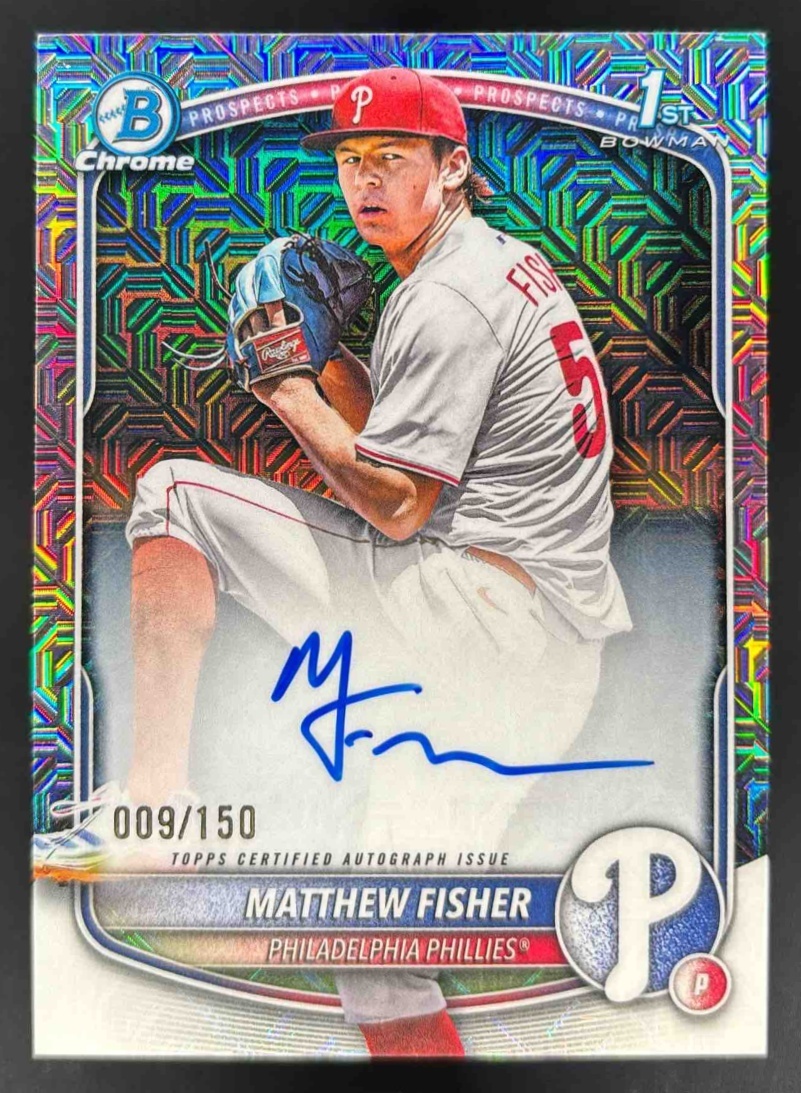 Card image for 2025 Bowman Draft Matthew Fisher Chrome Auto HTA Choice Refractor /150 1st