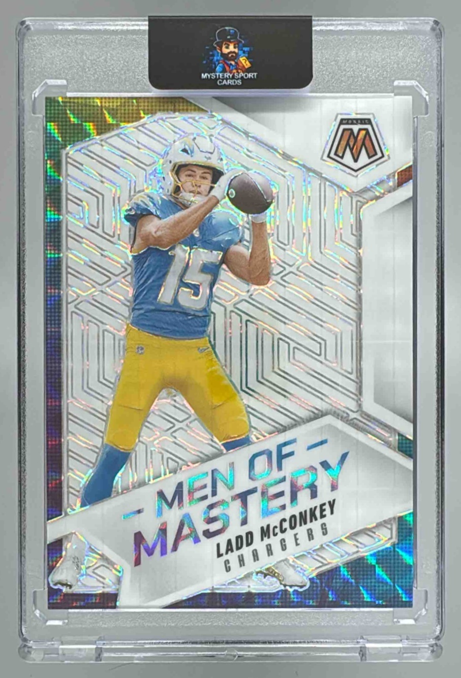 Card image for 2025 Panini Mosaic Ladd McConkey Men of Mastery White Prizm /25 #14 Chargers
