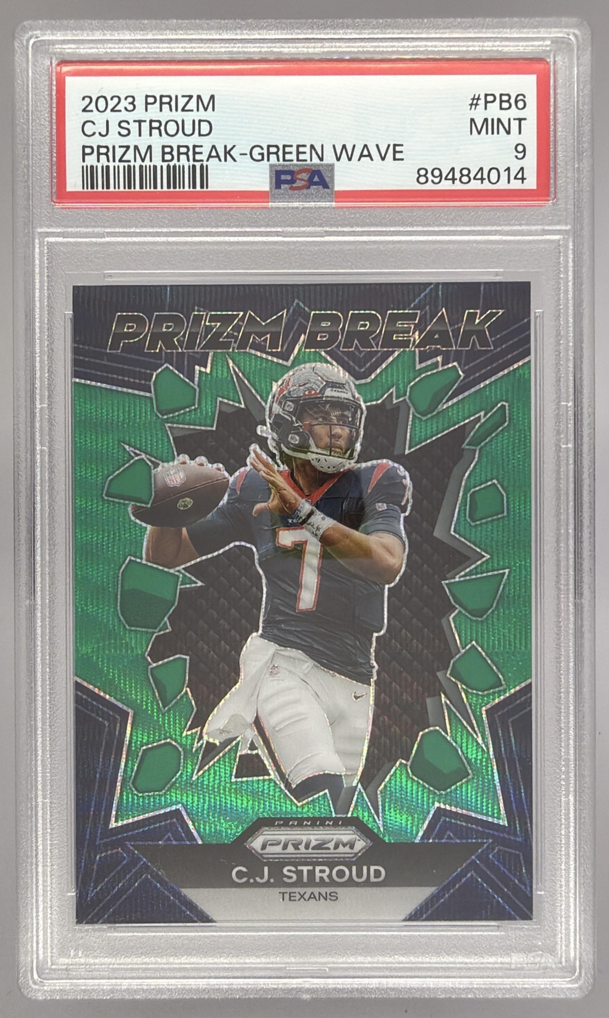 Card image for 2023 Panini Prizm C.J. Stroud Break Prizms Green Wave #PB-6 RC Texans