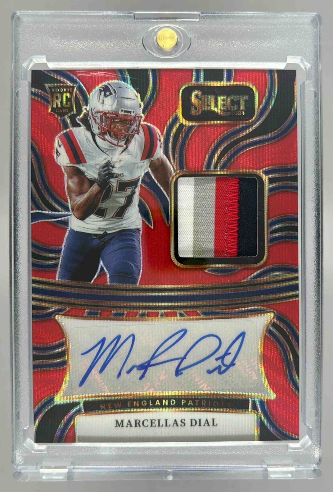 Card image for 2024 Panini Select Marcellas Dial Rookie Signature Memorabilia Red Wave Prizm #RSM-MDL RC MEM Auto Patriots