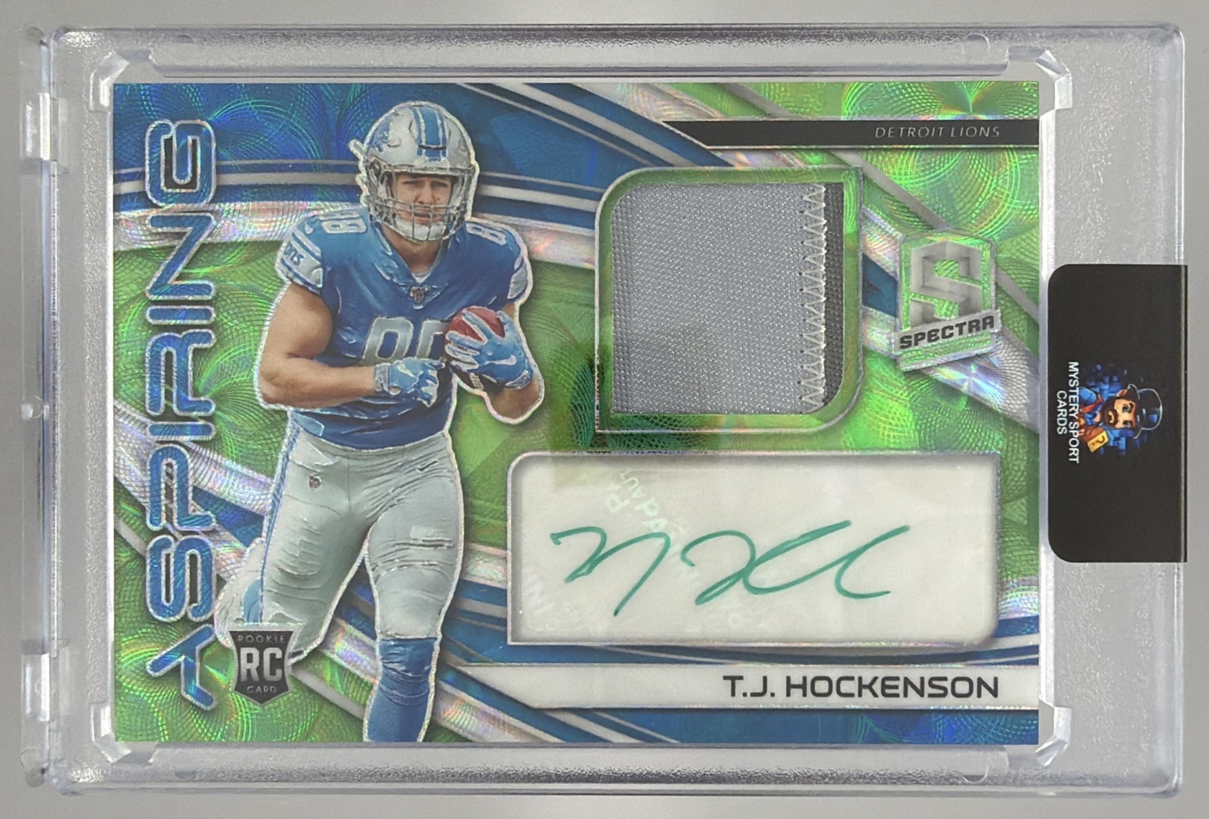 Card image for 2019 Panini Spectra T.J. Hockenson Aspiring Patch Auto Neon Green /50 #APA-11 RC Lions