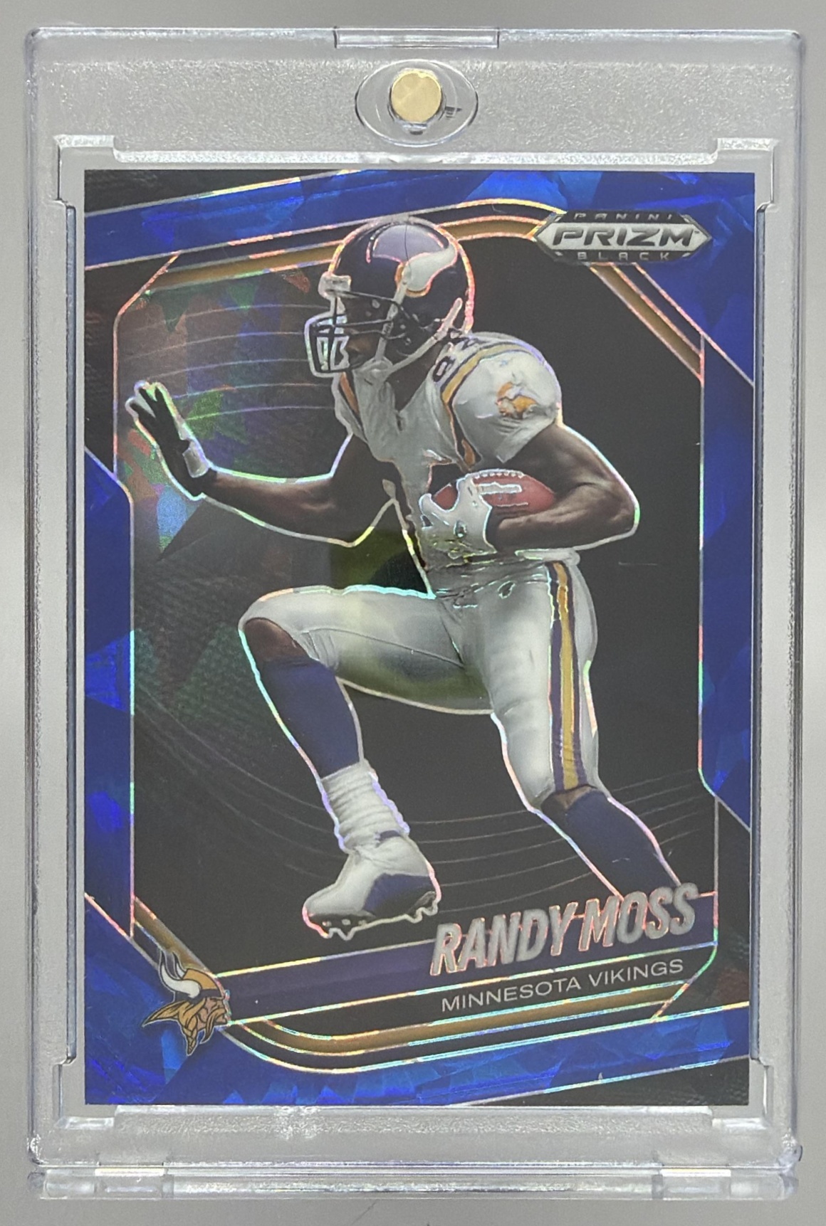 Card image for 2025 Panini Football Prizm Black Randy Moss Blue Ice /125 #89 Minnesota Vikings