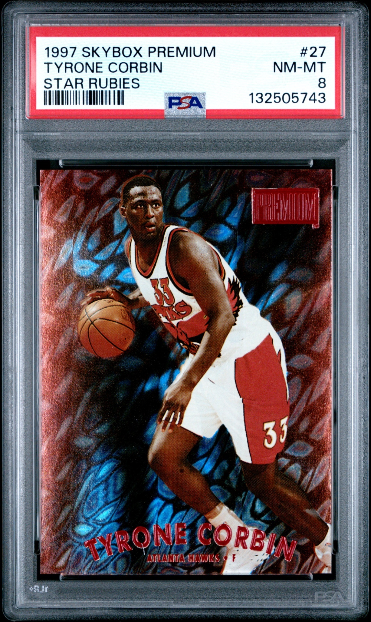 1997 Skybox Premium Tyrone Corbin Star Rubies /50 #27 SR Hawks PSA 8