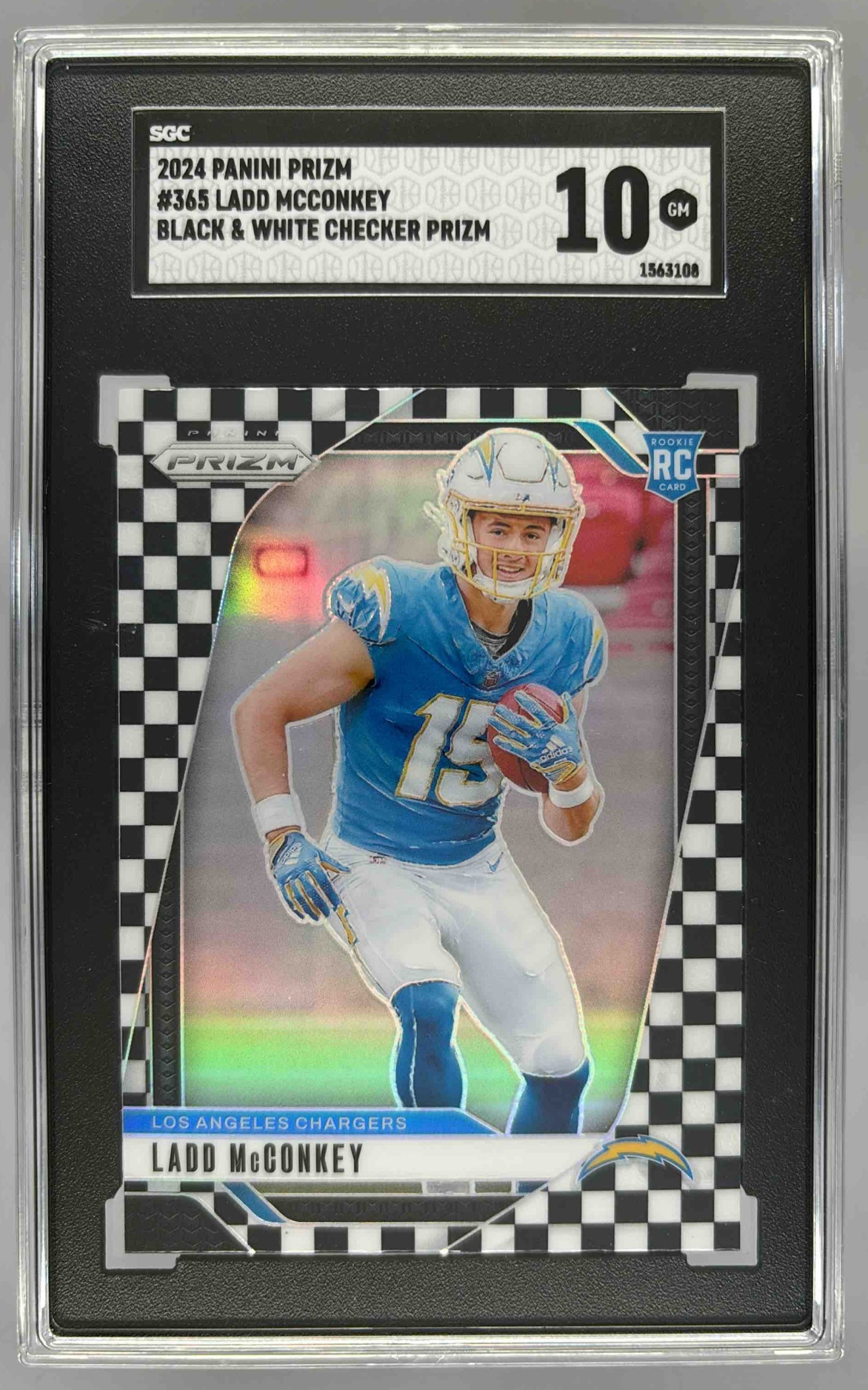 Card image for 2024 Panini Prizm Ladd McConkey Black and White Checker #365 RC Chargers