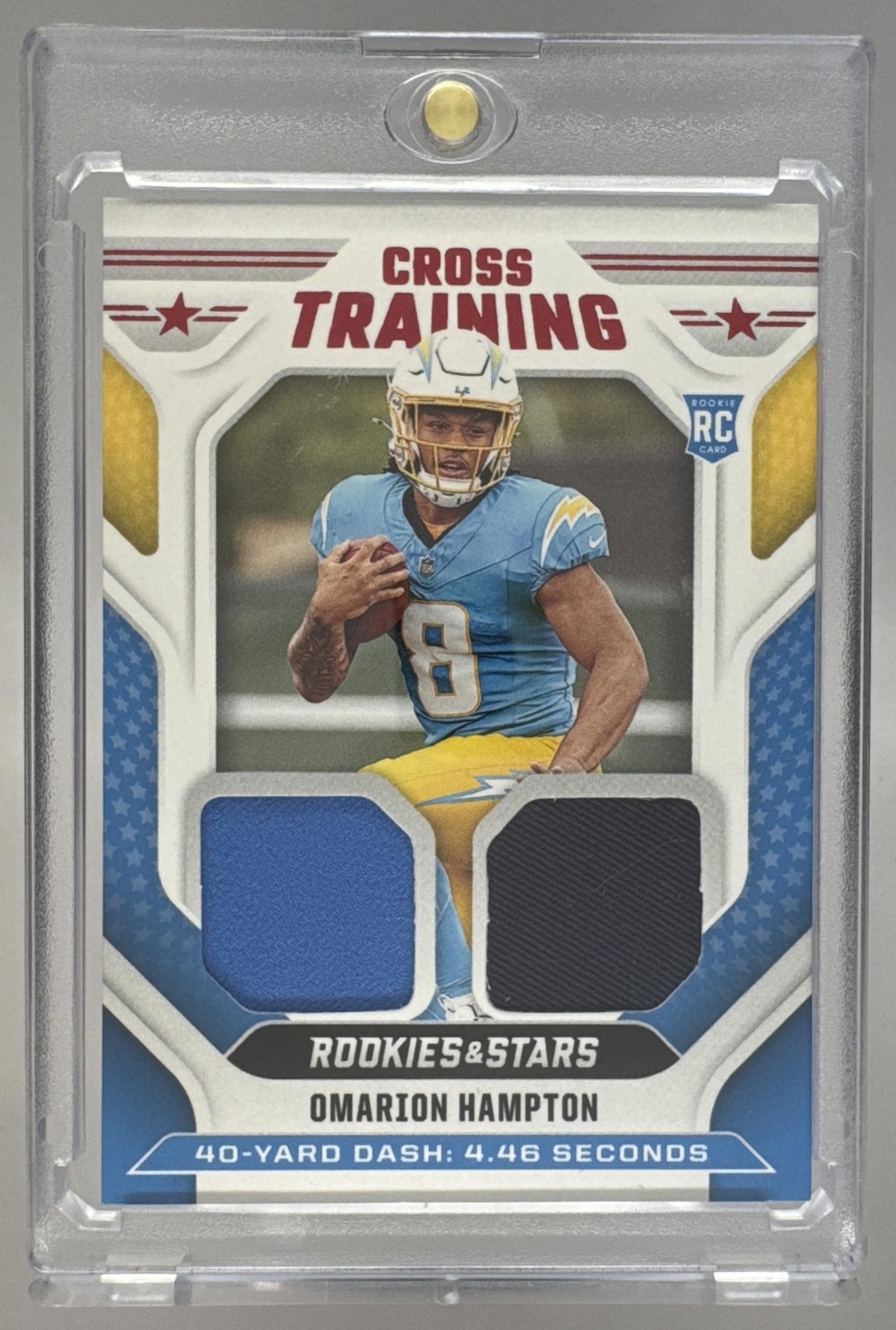 Card image for 2025 Panini Rookies & Stars Omarion Hampton Cross Training #CT-OHN MEM RC Chargers