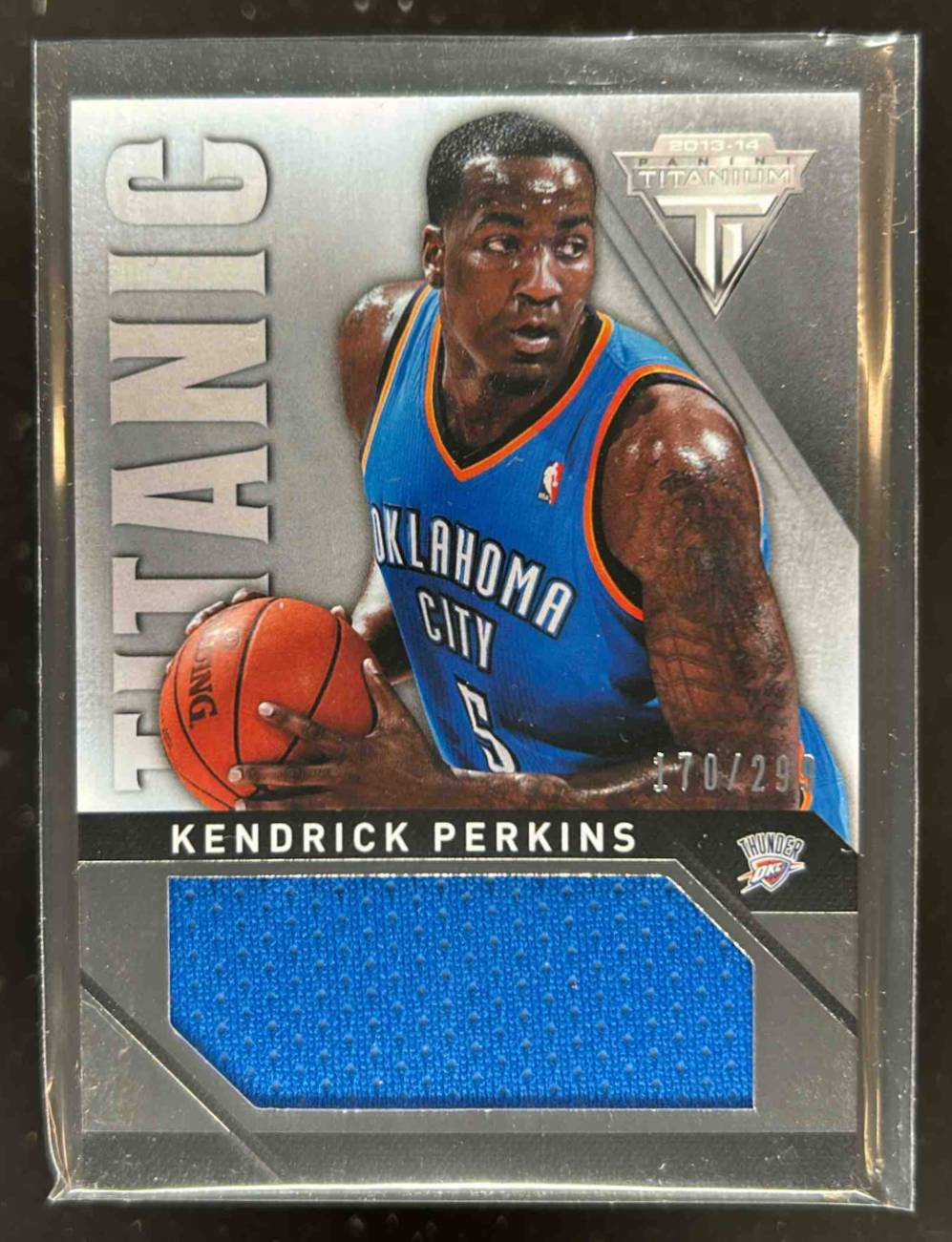 Card image for 2013-14 Panini Titanium Kendrick Perkins Titanic Threads Jumbo 170 /299 #97 MEM