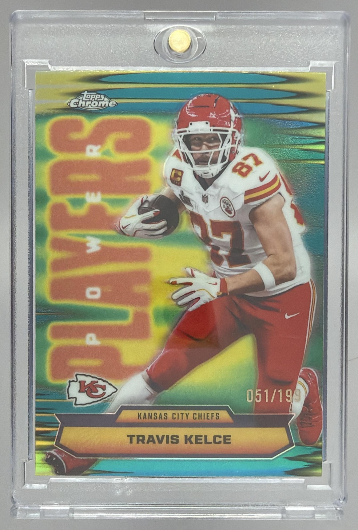 Card image for 2025 Topps Chrome Travis Kelce Power Players Aqua Refractor /199 #PP-34 Chiefs