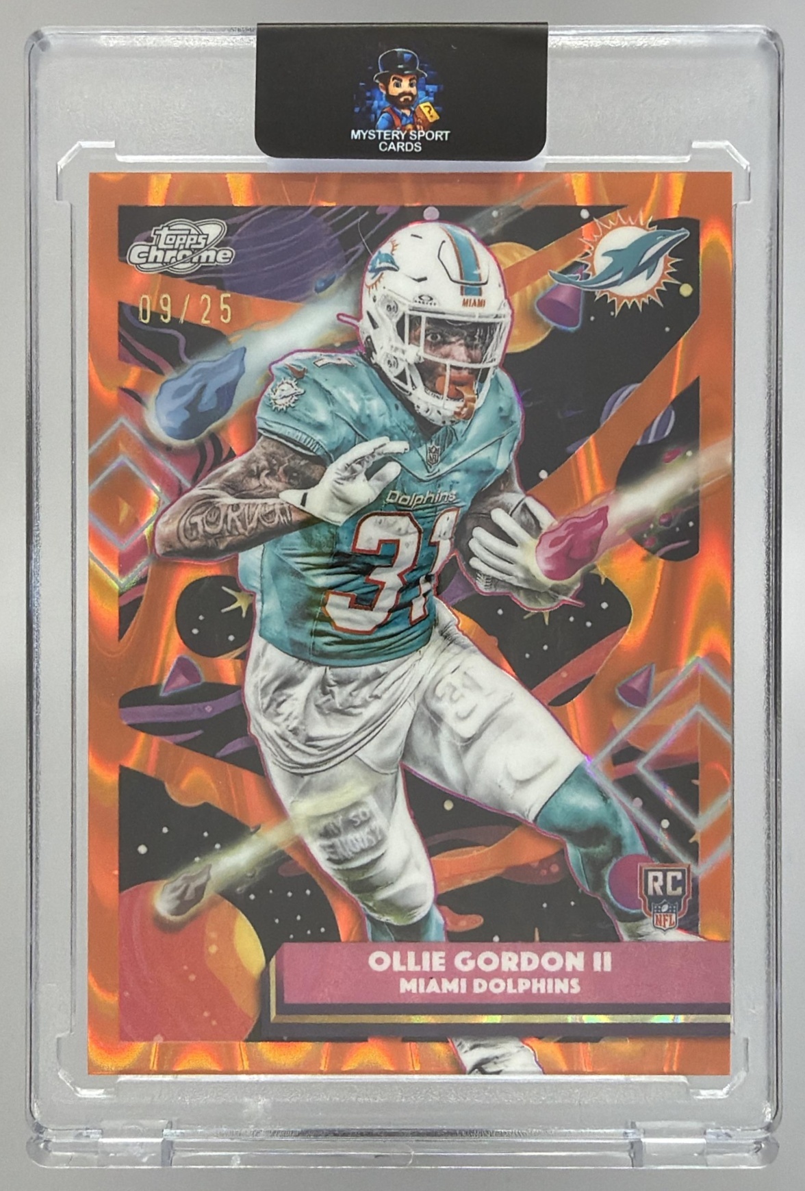 Card image for 2025 Topps Cosmic Chrome Ollie Gordon II Orange Galactic Refractor /25 #162 RC Dolphins