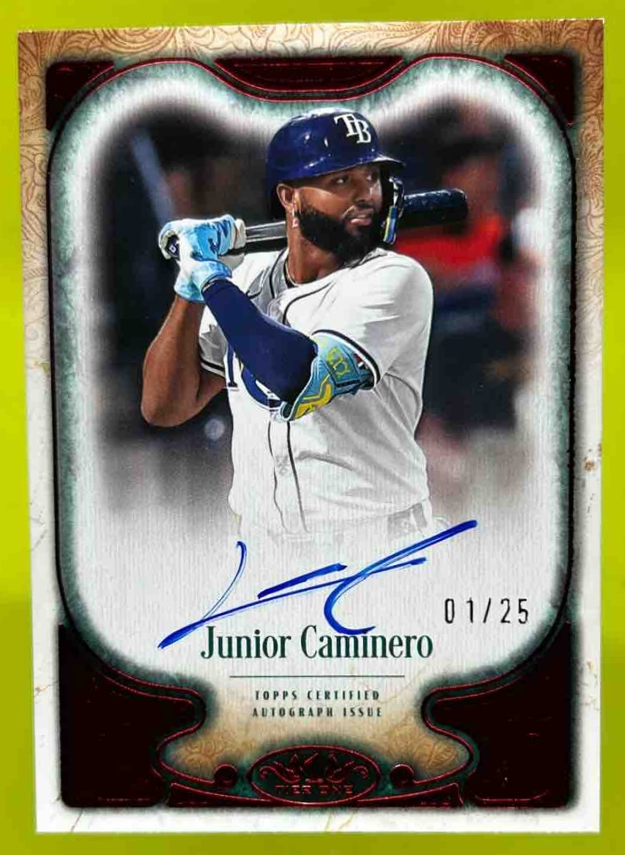 Card image for Junior Caminero 2026 Topps Baseball Tier One 2 Auto Red Foil /25 Tampa Bay Rays