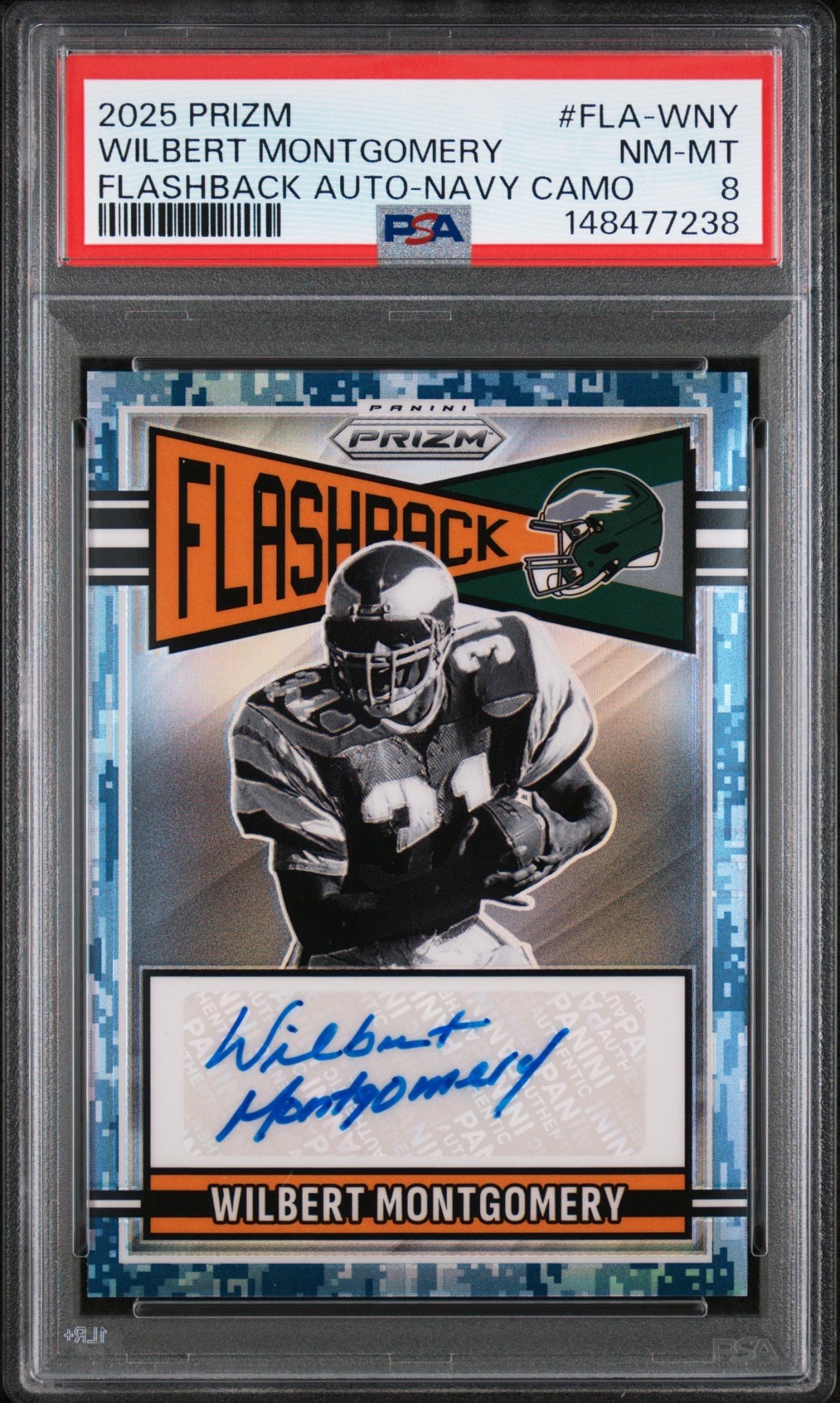 Card image for 2025 Panini Prizm Wilbert Montgomery Flashback Auto Navy Camo /25 #FLA-WMY Eagles