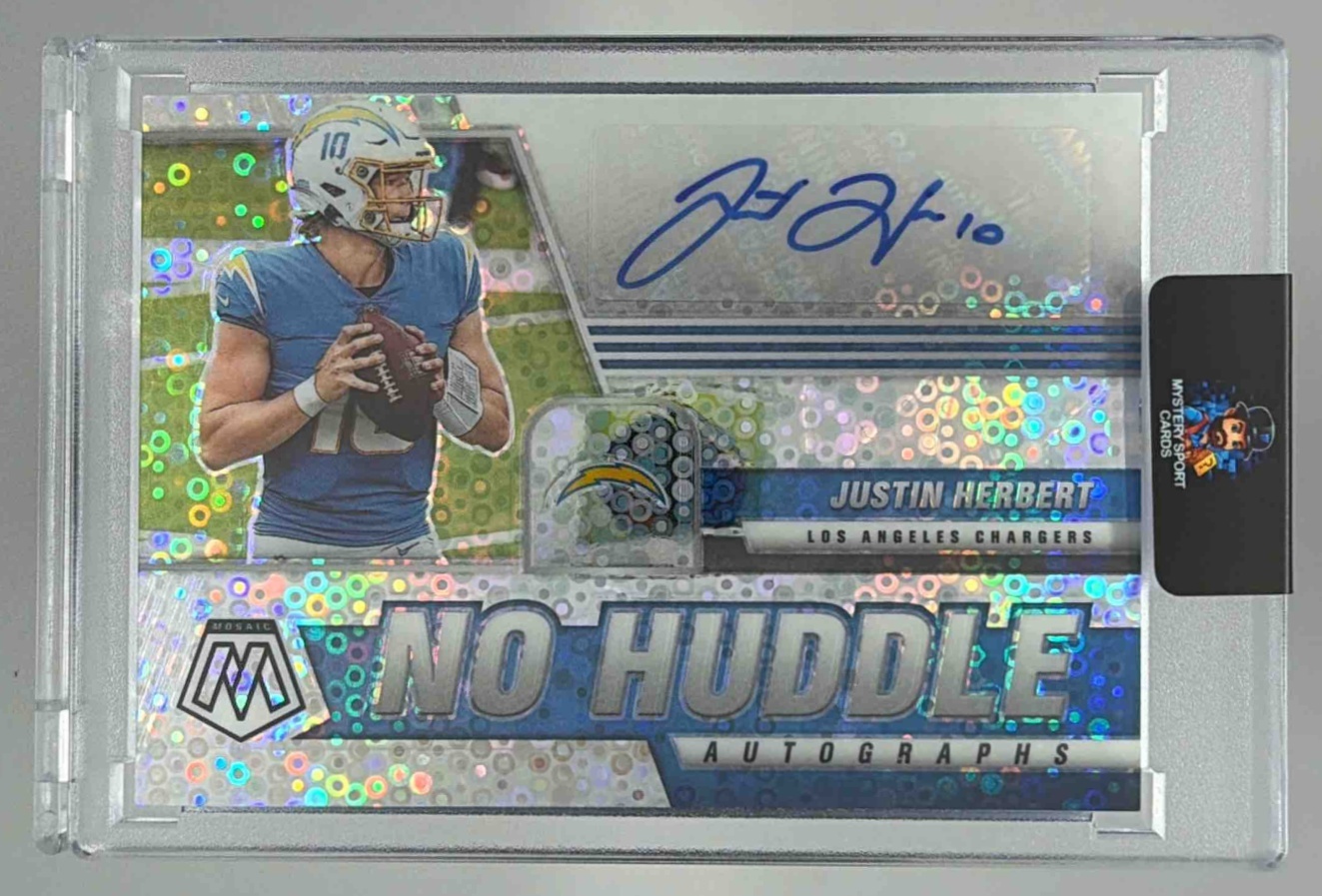 Card image for 2021 Panini Mosaic Justin Herbert Auto No Huddle #ANH-JH Chargers