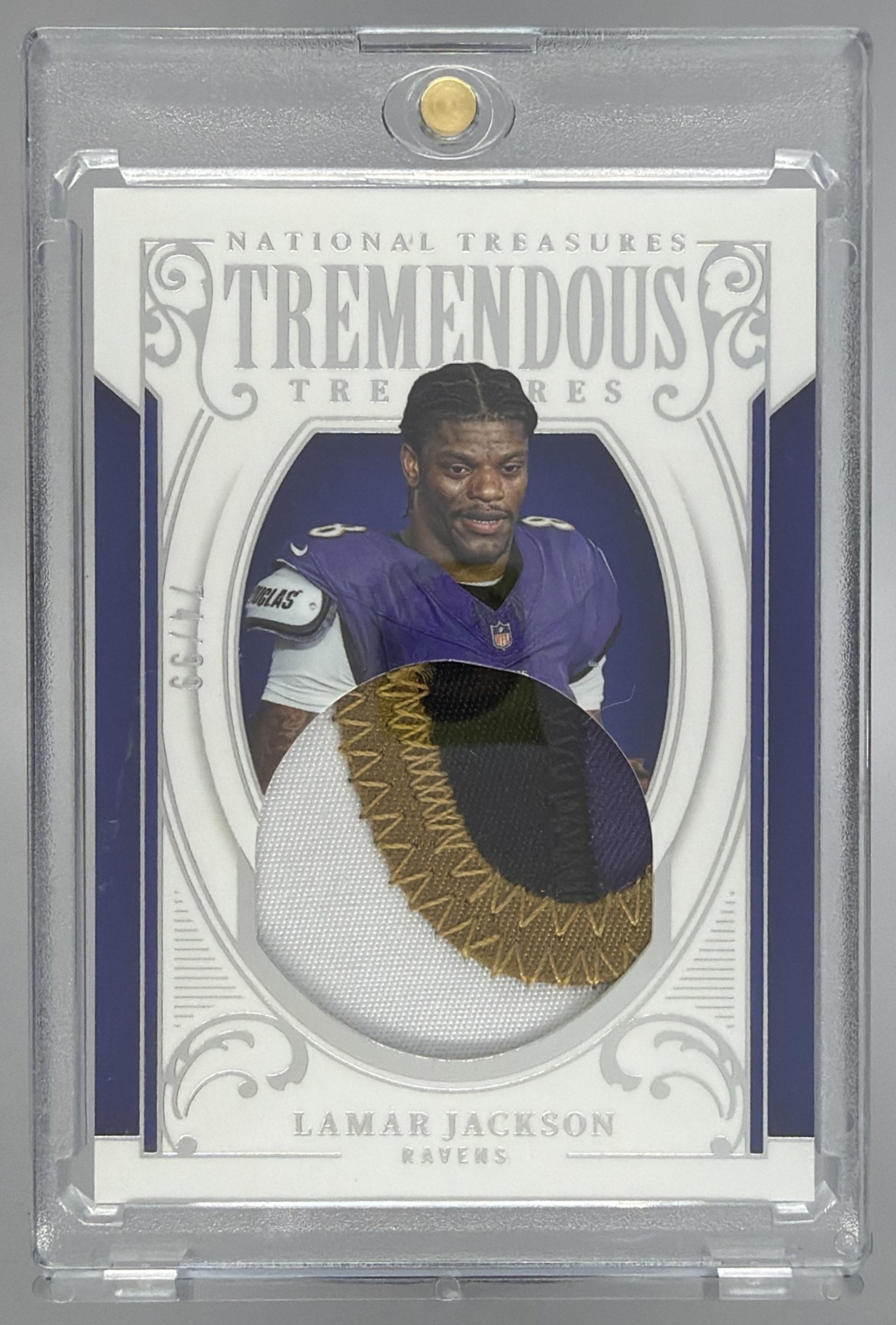 Card image for 2025 Panini National Treasures Lamar Jackson Tremendous /99 #TT-LJN MEM Ravens