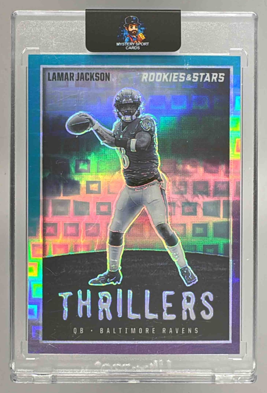 Card image for 2023 Panini Rookies & Stars Lamar Jackson Thrillers Pink /75 #TH-3 Ravens