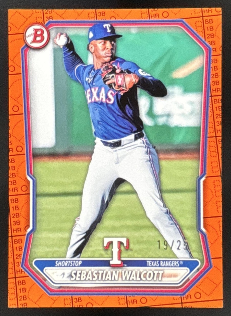 Card image for Sebastian Walcott 2026 Bowman Orange Pattern /25 Prospects Texas Rangers