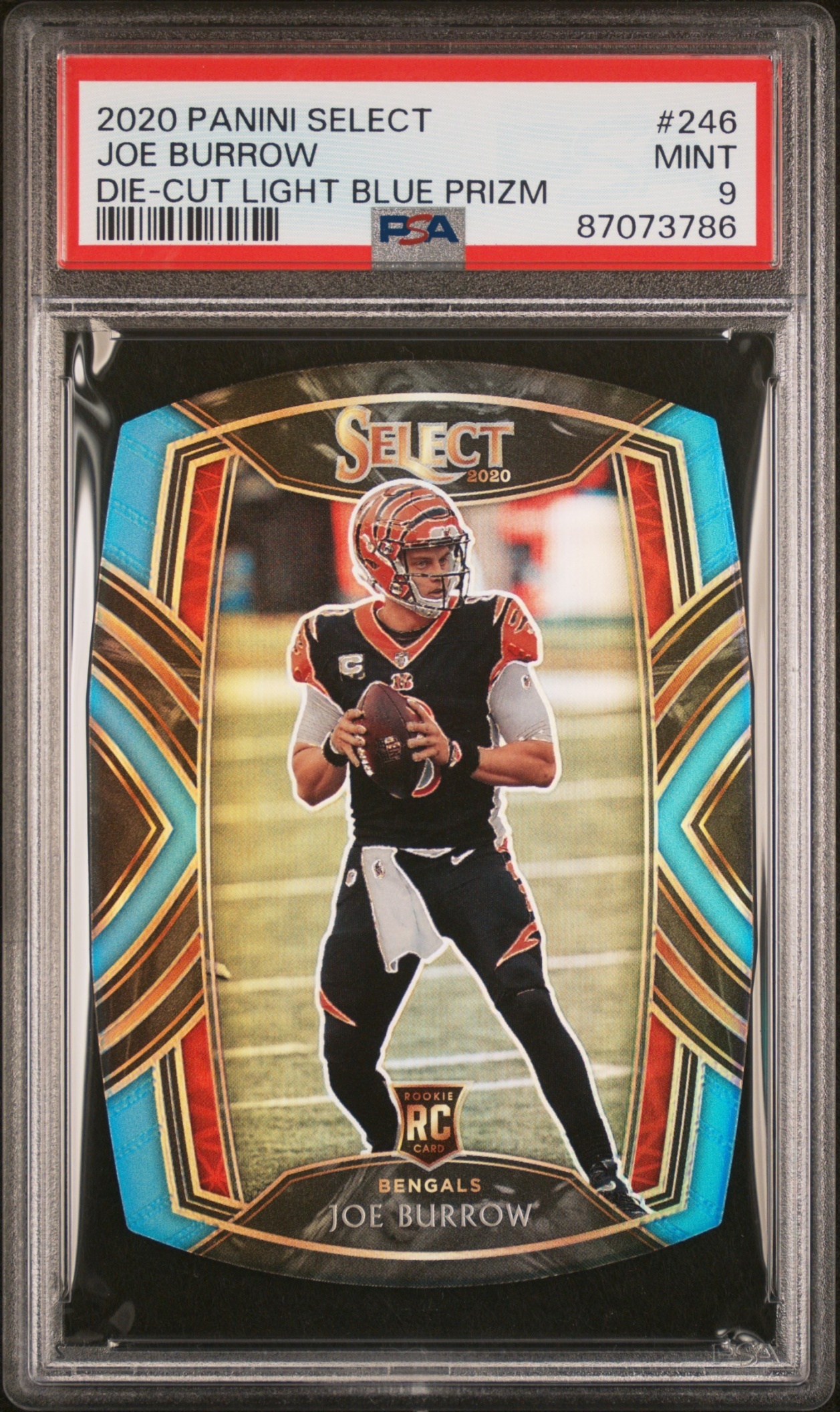 Card image for 2020 Panini Select Joe Burrow Disco Blue Prizm /25 #246 Club RC Bengals
