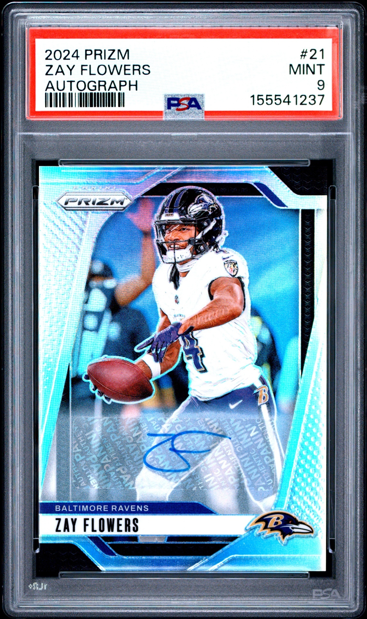 Card image for 2024 Panini Football Prizm Zay Flowers Auto Camo /25 #21 Baltimore Ravens