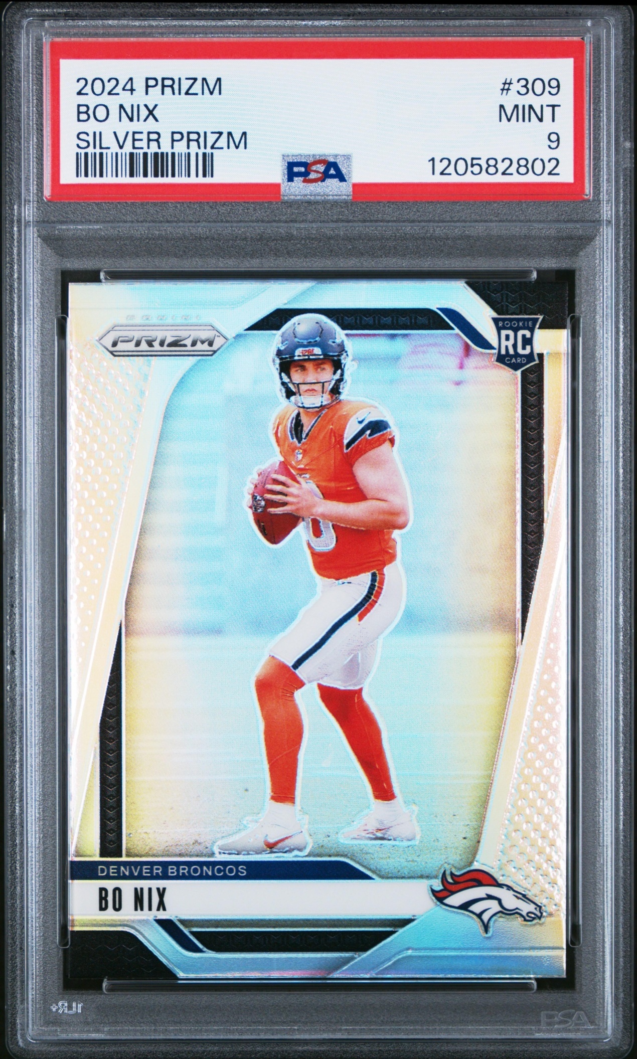 Card image for 2024 Panini Football Prizm Bo Nix Silver #309 RC Denver Broncos
