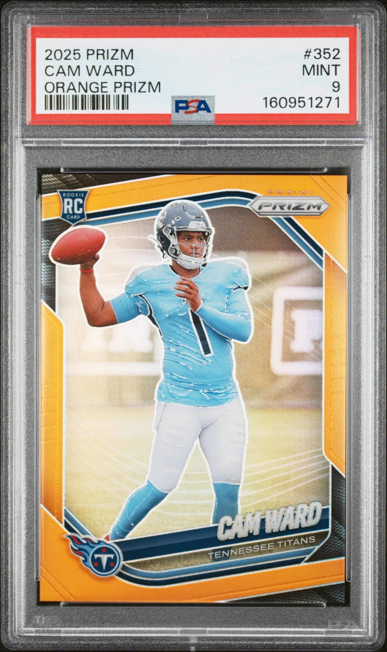 Card image for 2025 Panini Football Prizm Cam Ward Orange /249 #352 RC Tennessee Titans PSA 9