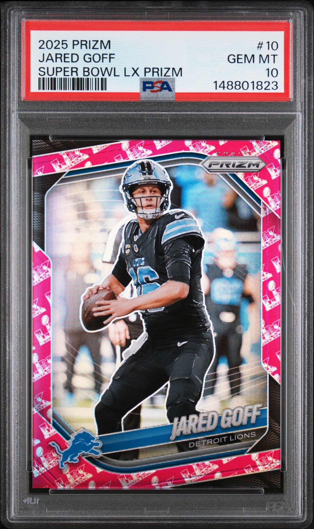 Card image for 2025 Panini Football Prizm Jared Goff Super Bowl LX /60 #10 Detroit Lions PSA 10