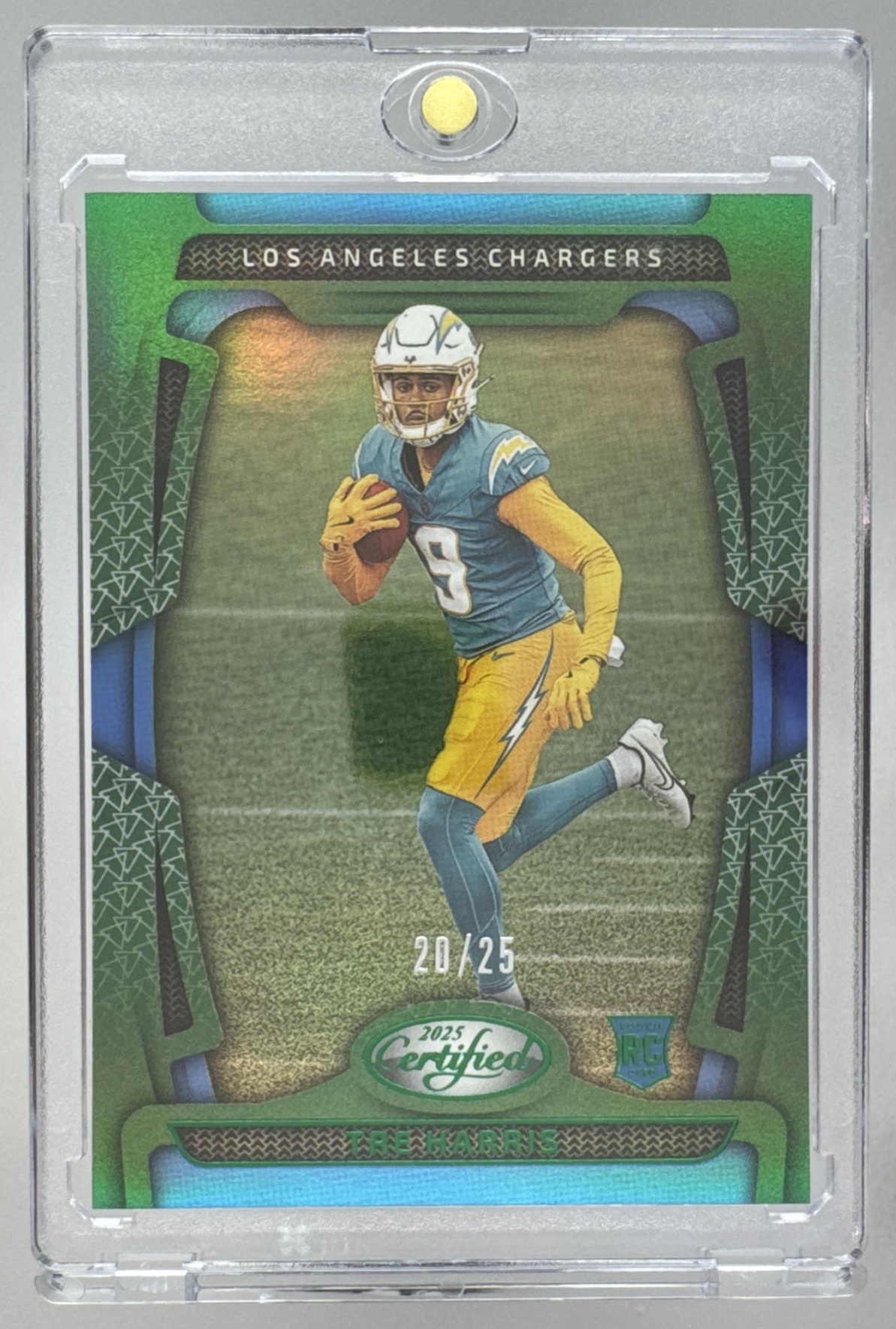 Card image for 2025 Panini Certified Tre Harris Rookies Mirror Green /25 #124 RC Chargers
