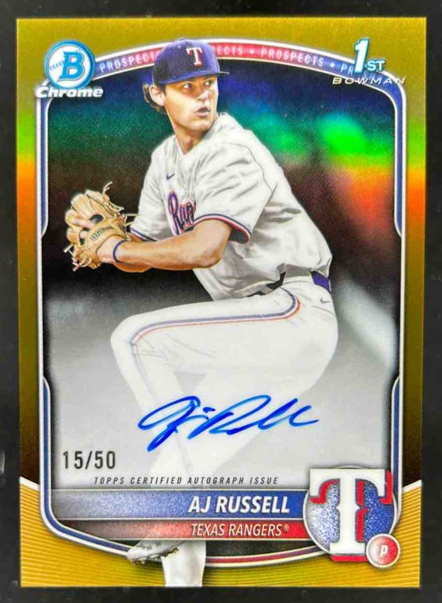 Card image for AJ Russell 2025 Bowman Draft Chrome Prospect Auto Gold Refractor /50