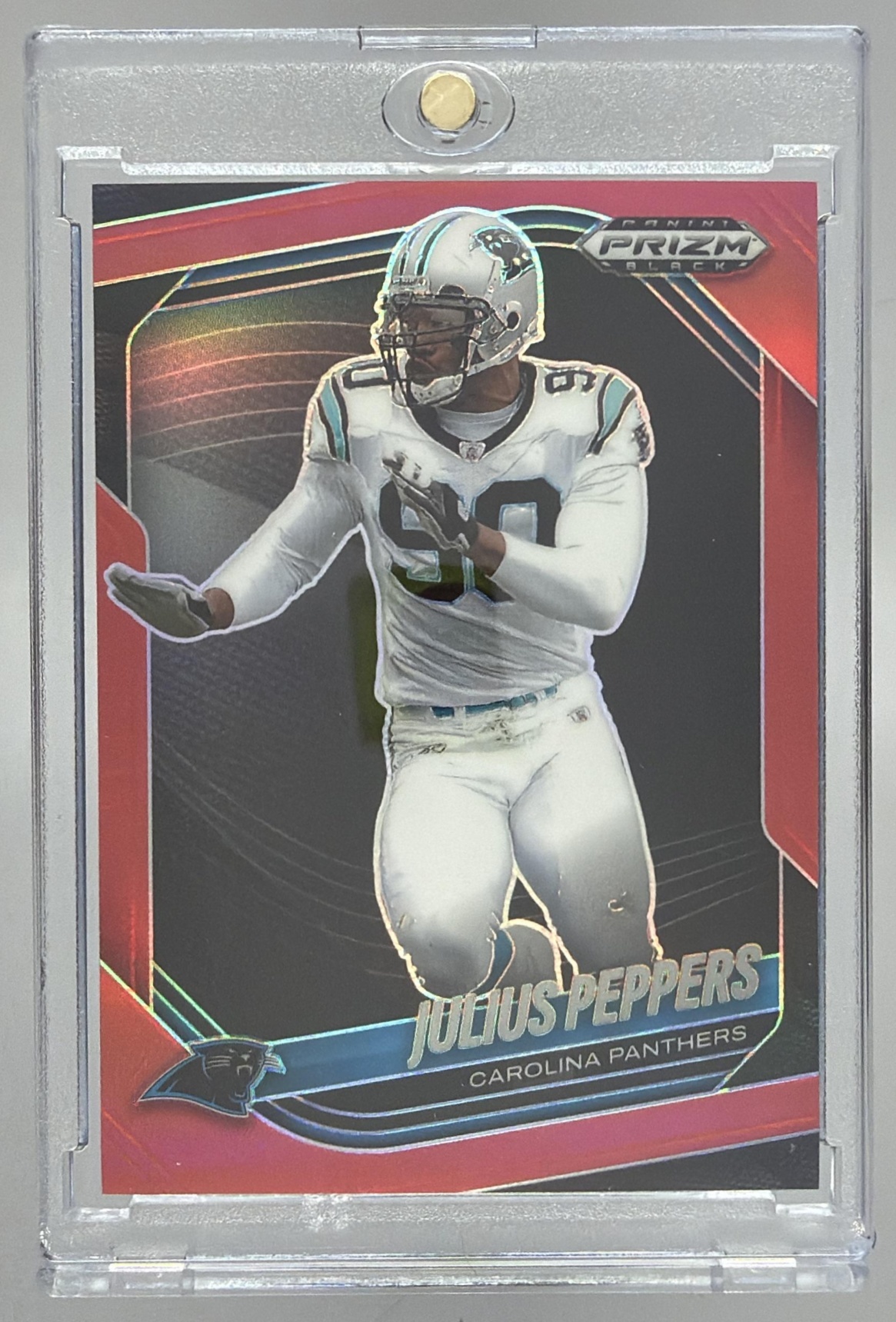 Card image for 2025 Panini Football Prizm Black Julius Peppers Red /299 #17 Carolina Panthers
