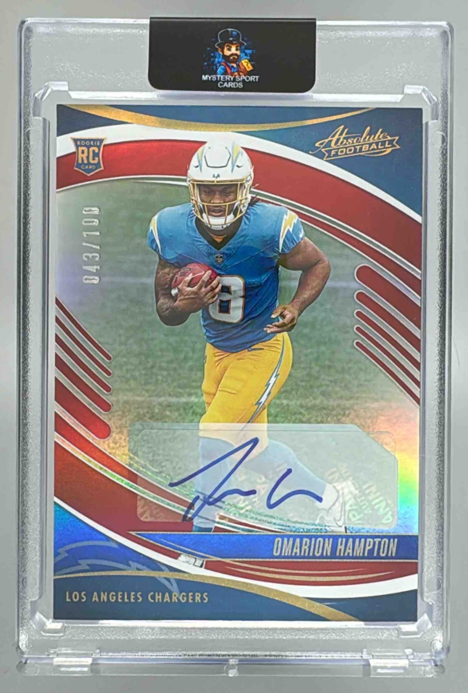 Card image for 2025 Panini Absolute Omarion Hampton Signature Rookies Spectrum Red /100 #166 RC Auto Chargers