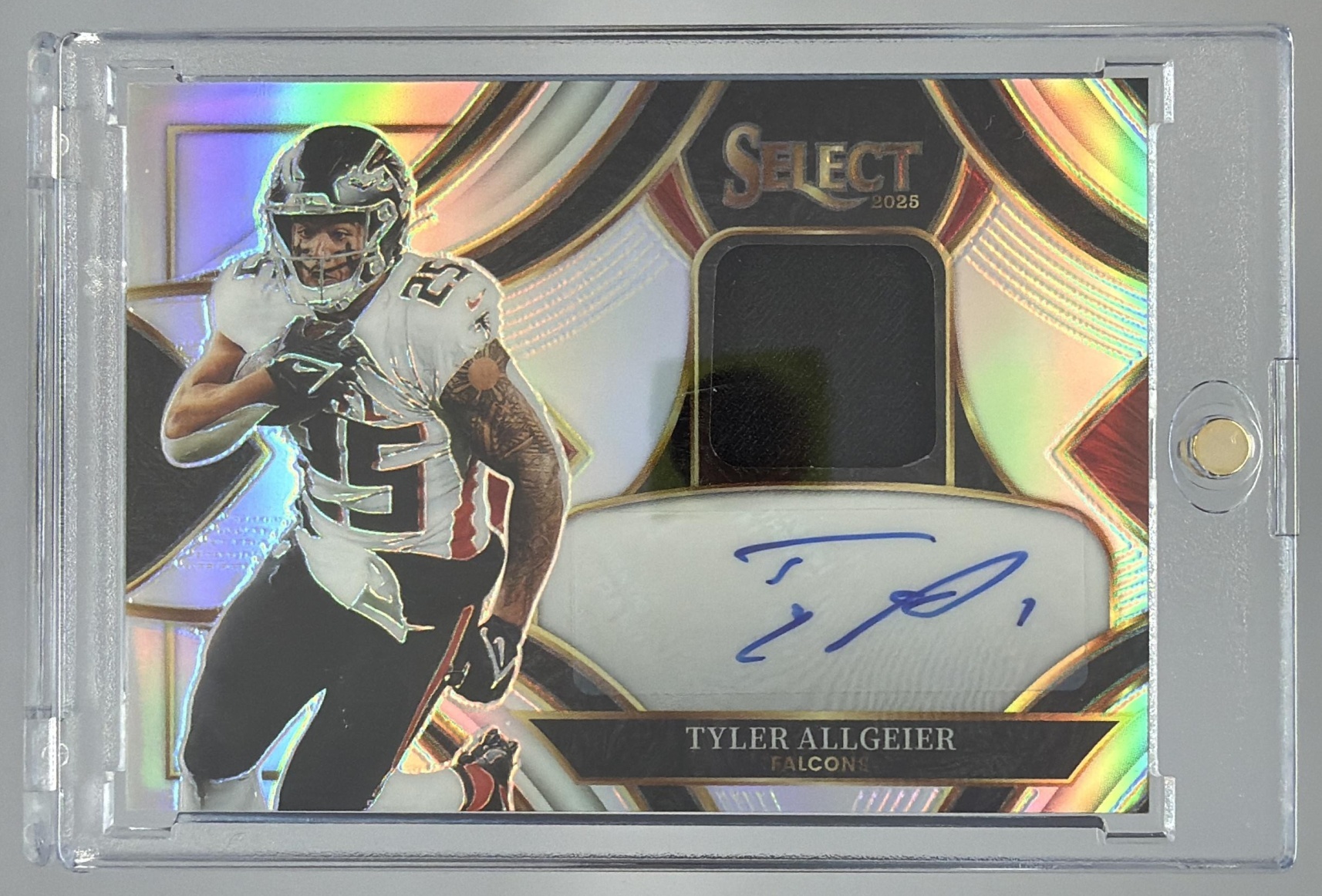 Card image for 2025 Panini Select Tyler Allgeier Signature Memorabilia Silver Prizm /249 #SME-TAR MEM Auto Falcons