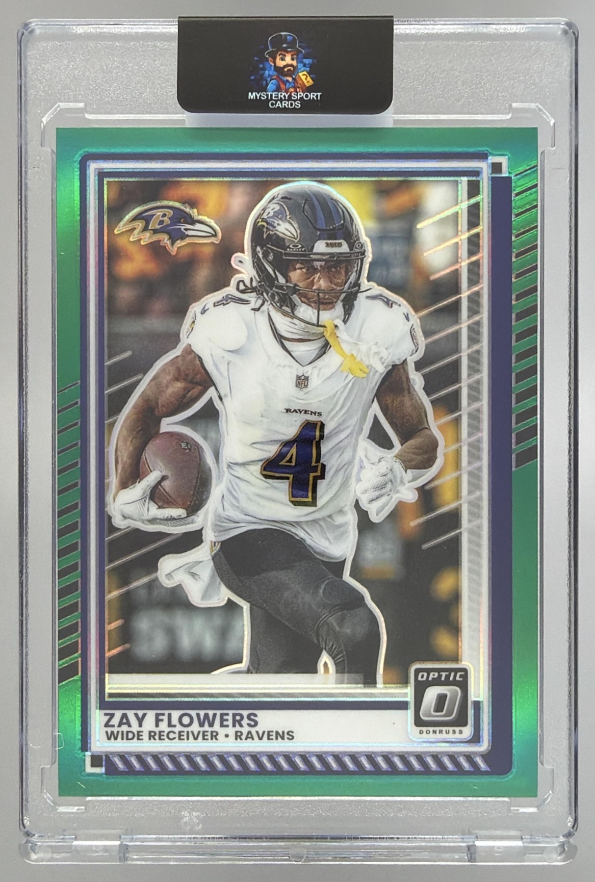 Card image for 2025 Panini Donruss Optic Zay Flowers Green Prizm /5 #120 Ravens