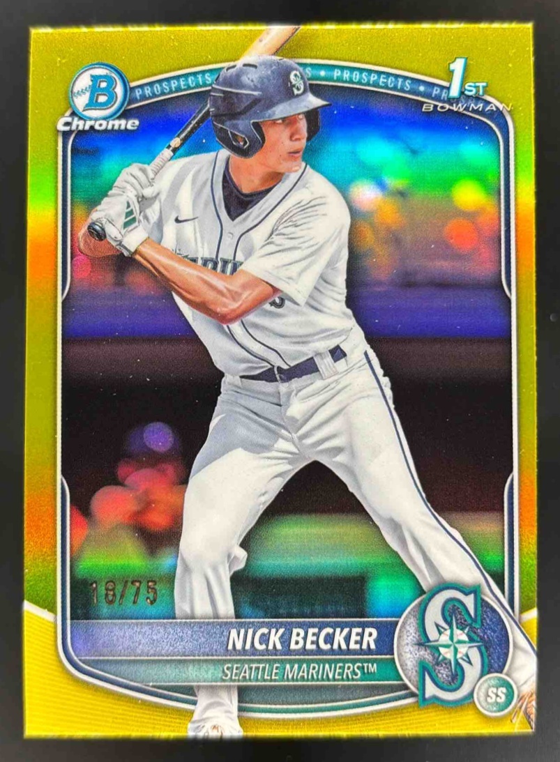 Card image for 2025 Bowman Draft Nick Becker Chrome Yellow Refractor /75 #BDC-100 Mariners
