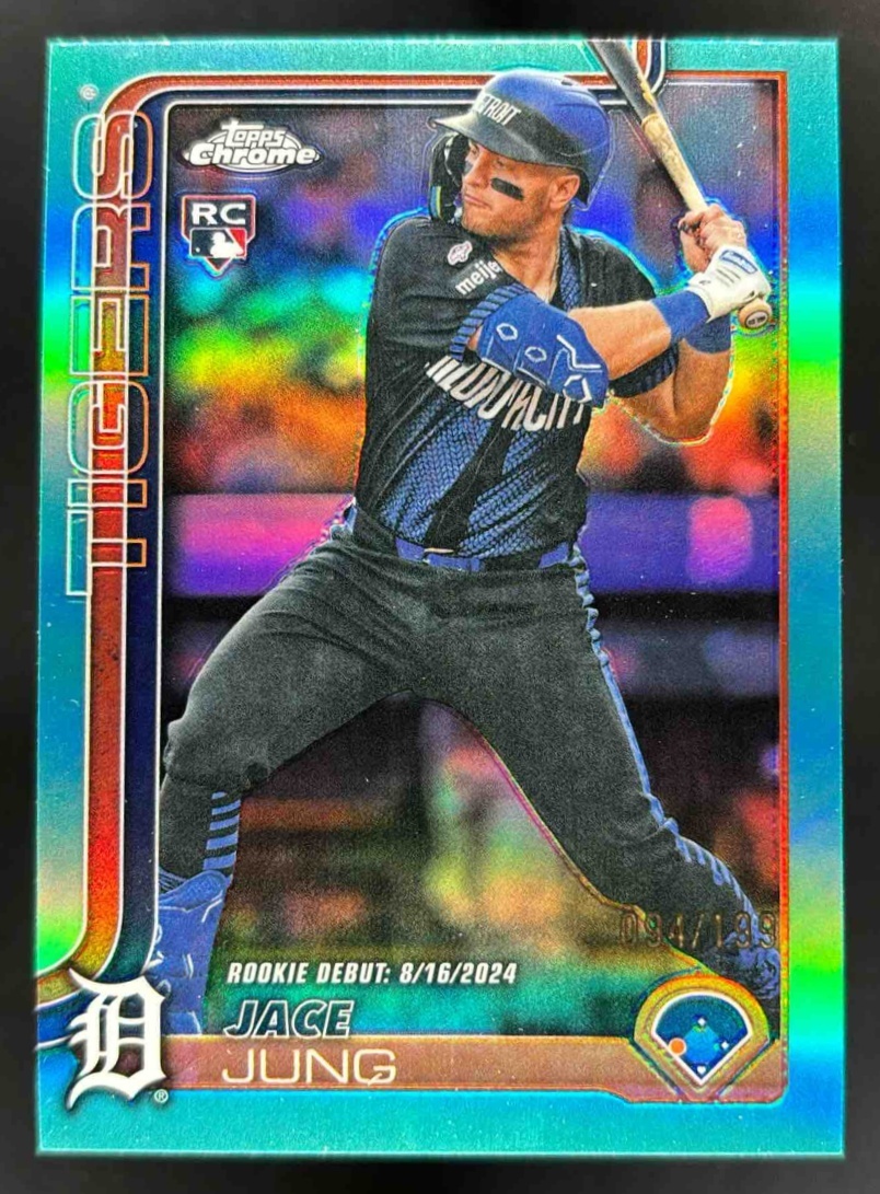 Card image for 2025 Topps Chrome Update Jace Jung Aqua Refractor /199 #USC121 RC Tigers