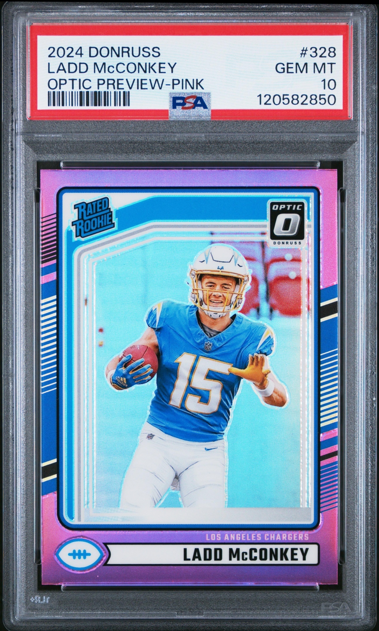 Card image for 2024 Panini Donruss Ladd McConkey Optic Rated Rookie Preview Red and Green #328 Chargers