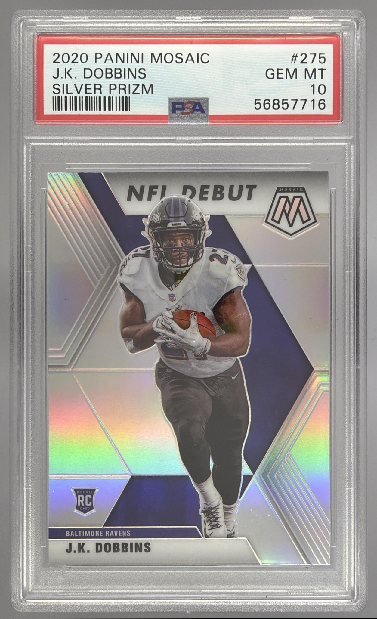 Card image for 2020 Panini Football Mosaic J.K. Dobbins Mosaic Prizm #275 RC Baltimore Ravens