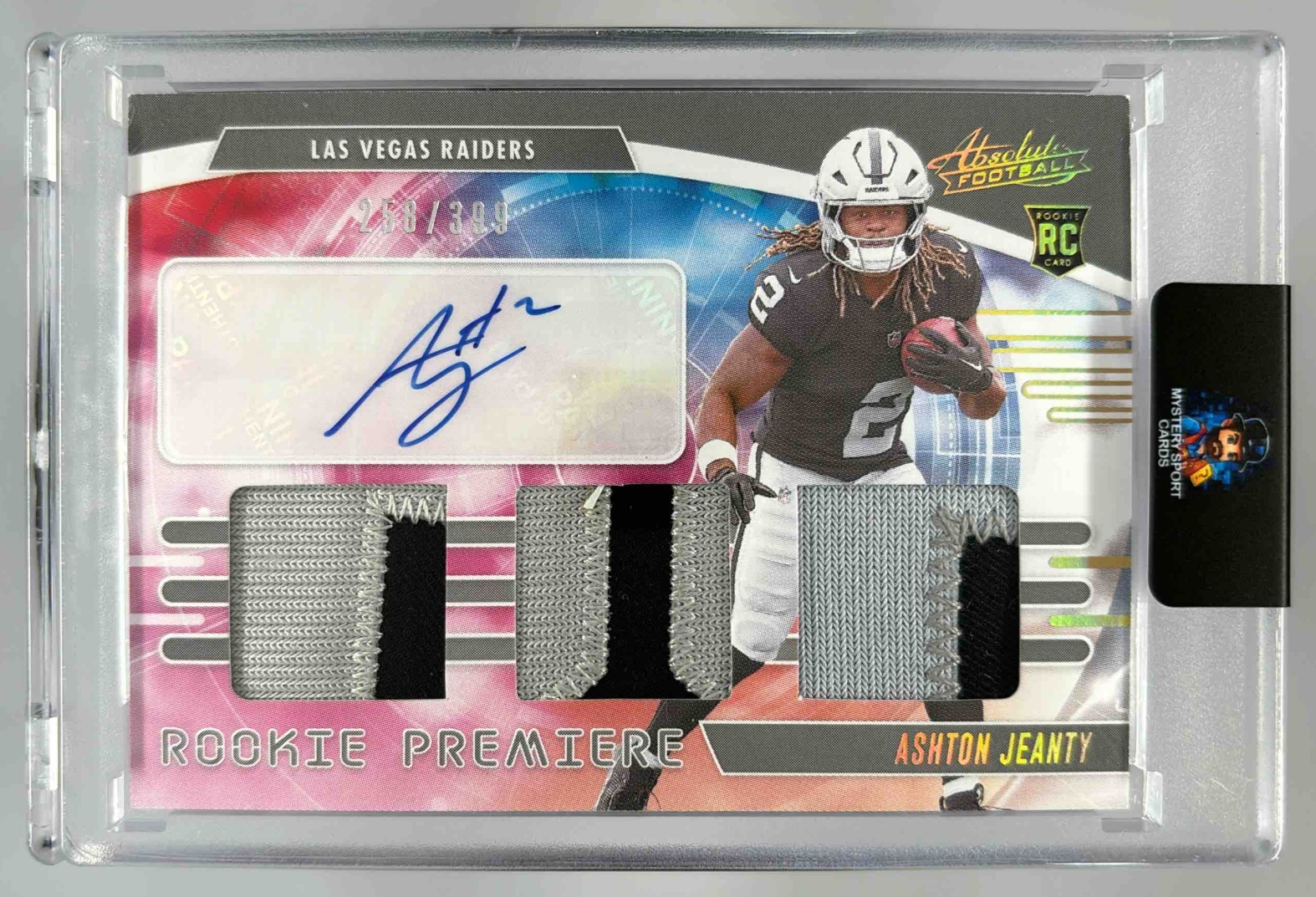 Card image for 2025 Panini Absolute Ashton Jeanty Rookie Premiere Materials Autos /399 #RPM-AJY RC MEM Auto Raiders
