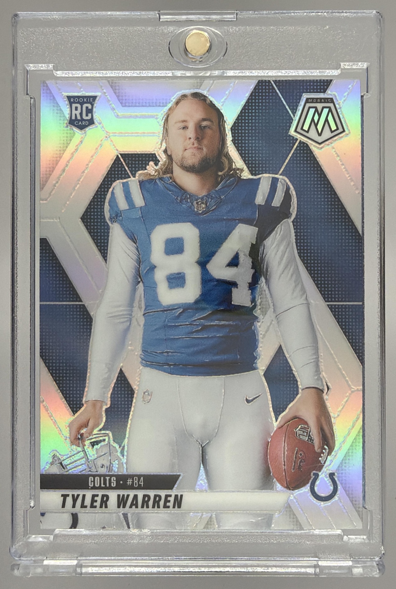 Card image for 2025 Panini Mosaic Tyler Warren Rookie Variation Silver Prizm #281 RC Colts