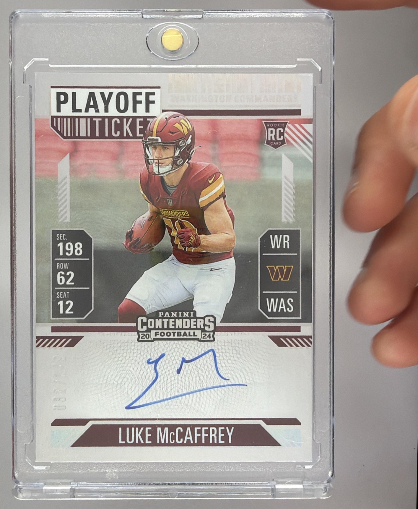 Card image for 2024 Panini Contenders Luke McCaffrey Rookie Ticket RPS Variation Auto #121 RC VAR Commanders