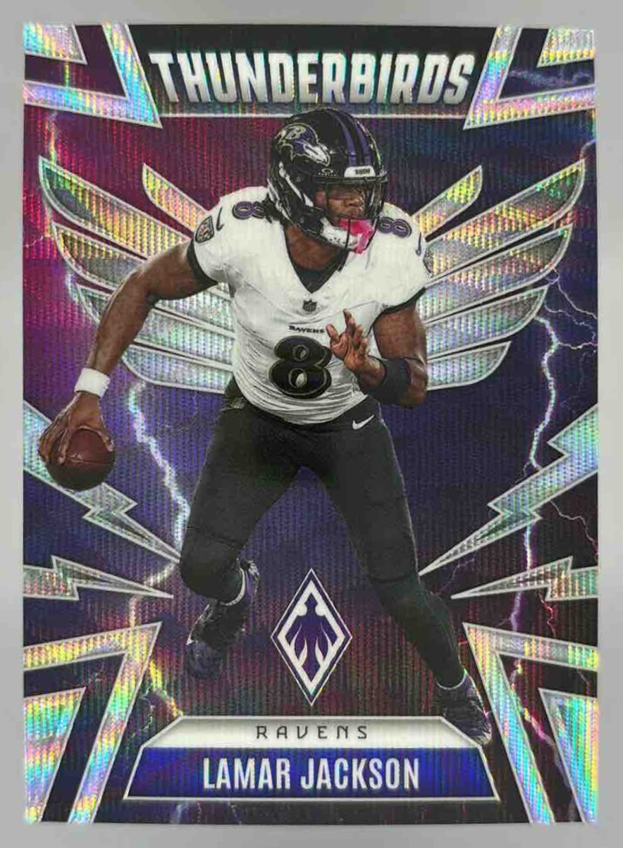 Card image for 2025 Panini Phoenix Lamar Jackson Thunderbirds Wave Prizm /299 #4 Ravens