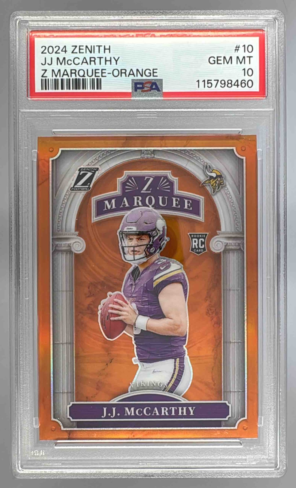 Card image for 2024 Panini Zenith J.J. McCarthy Z Marquee Orange #10 RC Vikings
