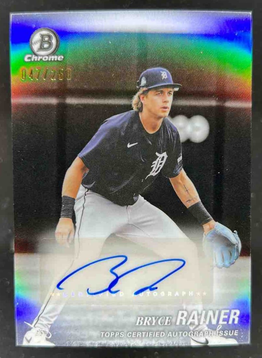 Card image for Bryce Rainer 2025 Bowman Baseball Draft Achromatic Auto /250 Detroit Tigers