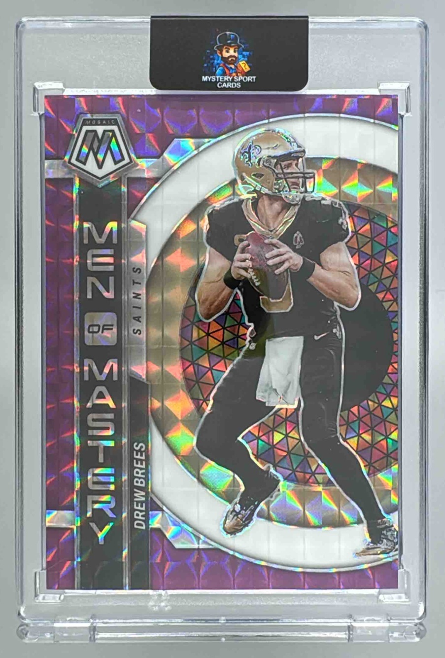 Card image for 2023 Panini Mosaic Drew Brees Men of Mastery Purple /49 #MM-17 Saints
