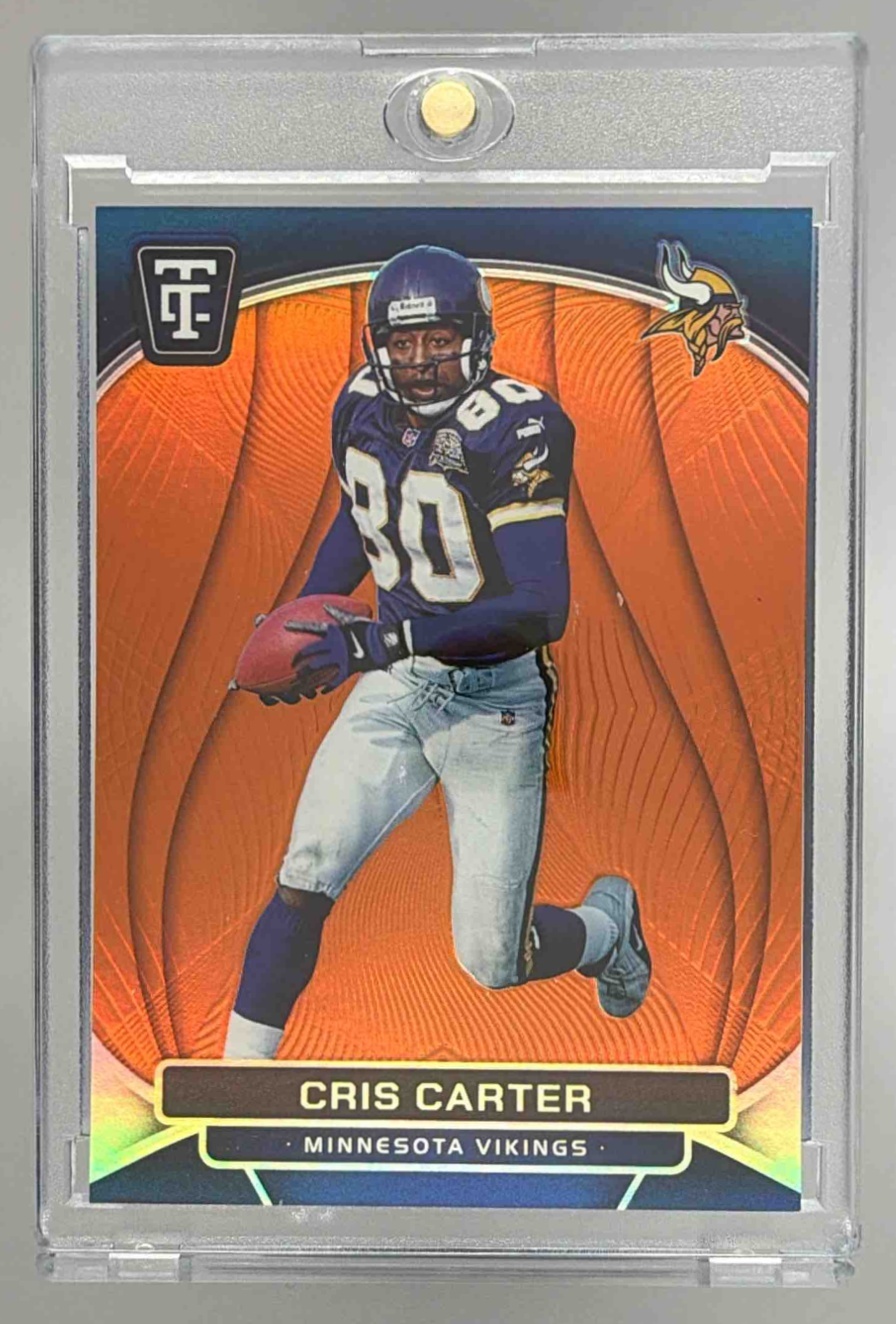 Card image for 2024 Panini Totally Certified Cris Carter Legends Mirror Platinum Orange /99 #193 Vikings