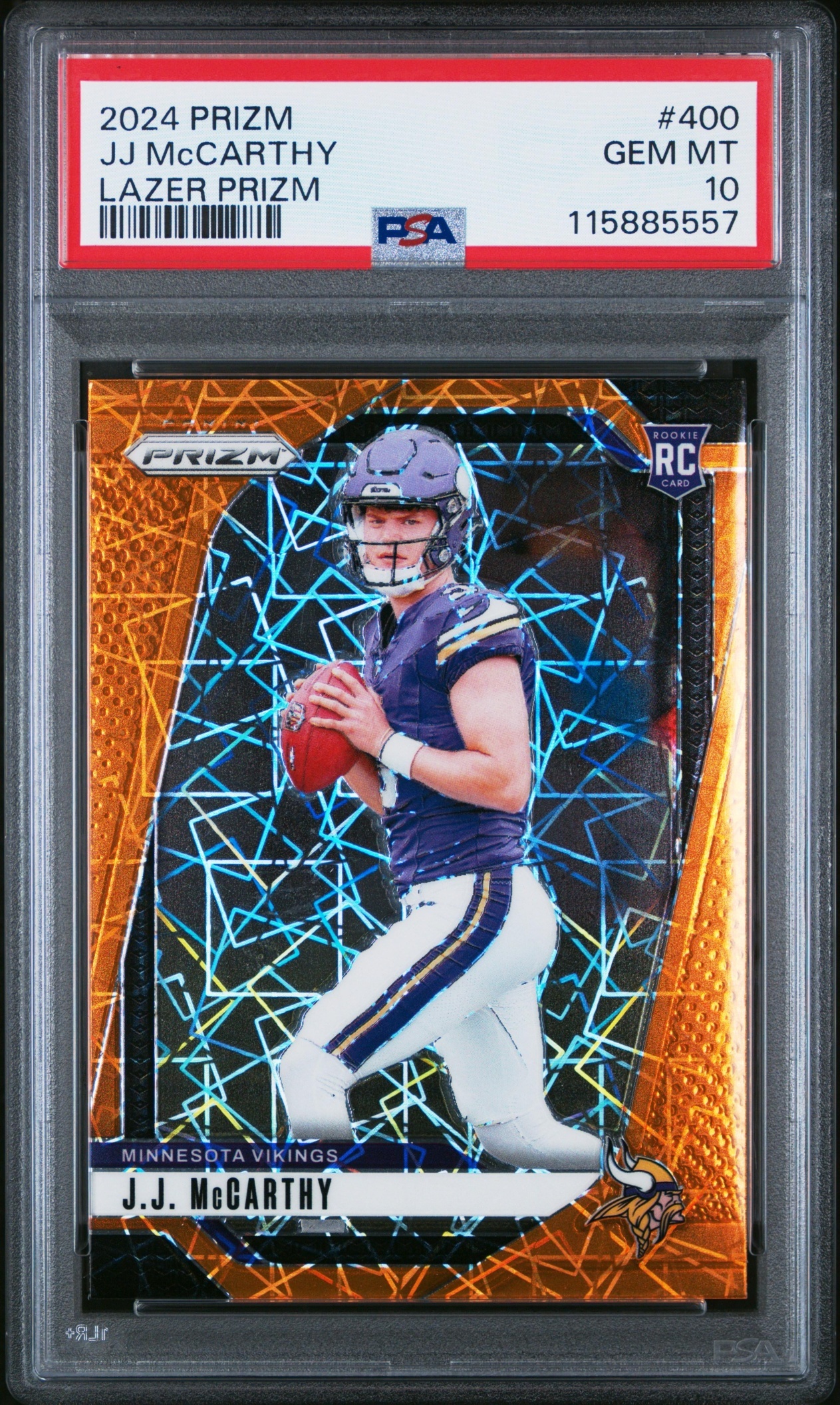 Card image for 2024 Panini Football Prizm J.J. McCarthy Lazer #400 RC Minnesota Vikings
