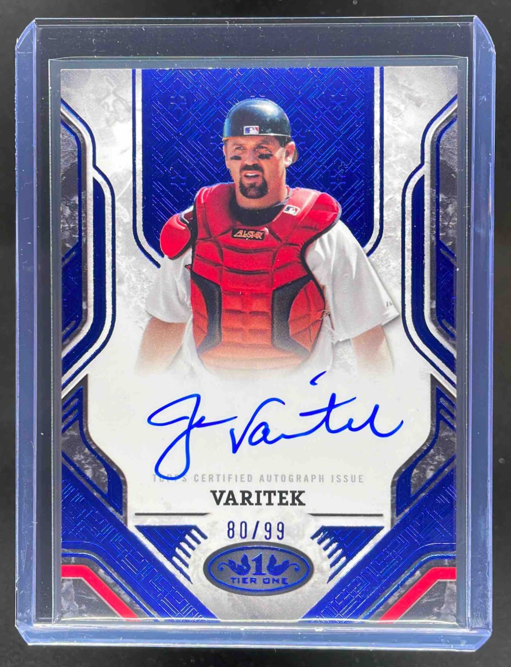 Card image for 2025 Topps Tier One Jason Varitek Prime Performers Auto Blue Foil /65 #PPA-JV