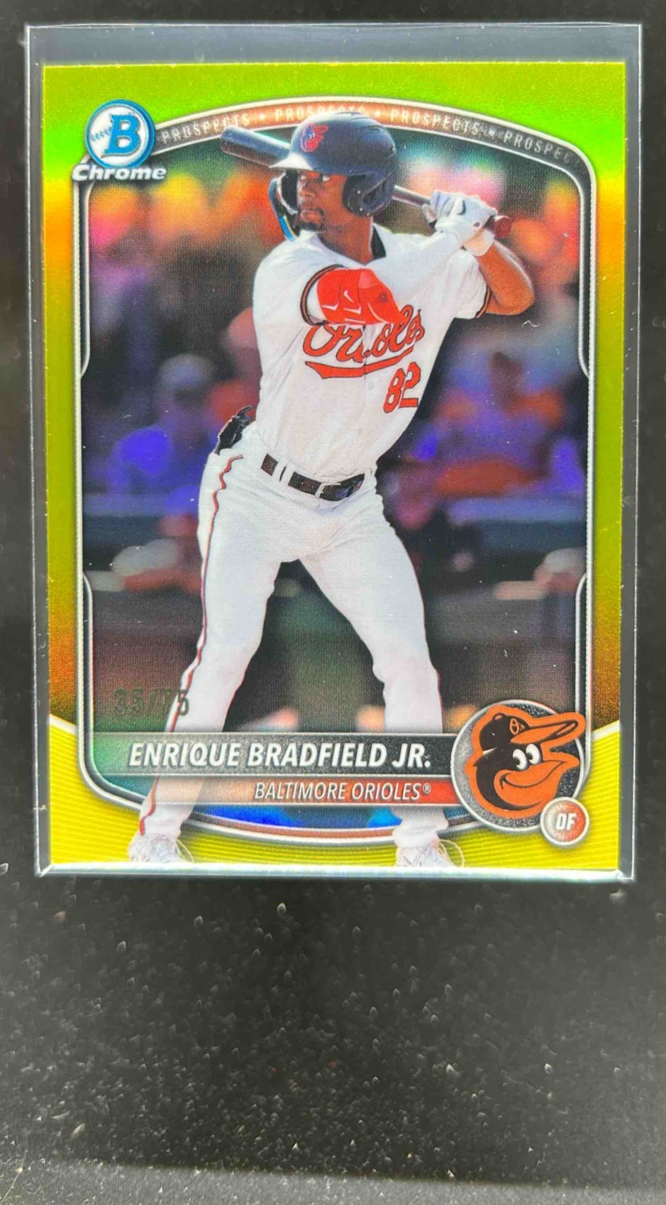 Card image for Enrique Bradfield Jr. 2025 Bowman Draft Chrome Yellow Refractor /75