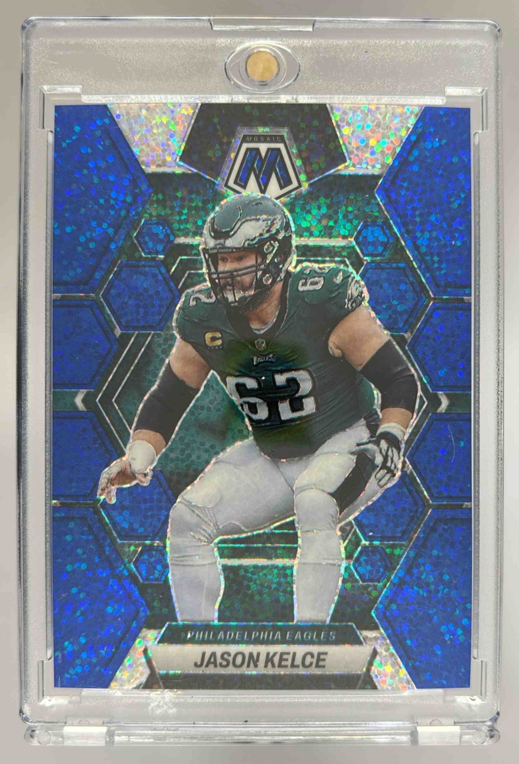Card image for 2023 Panini Mosaic Jason Kelce Blue Sparkle Prizm /96 #196 Eagles