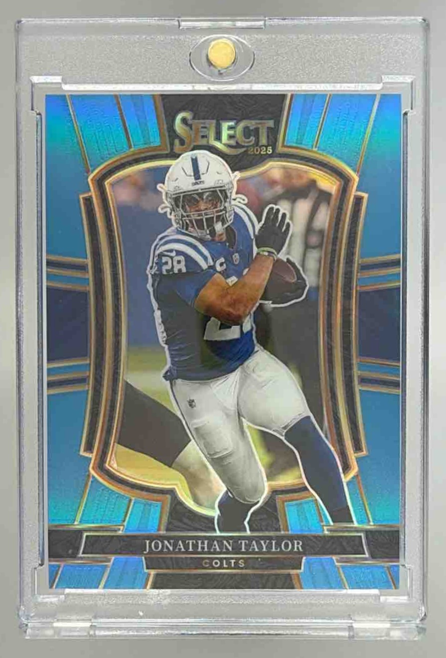 Card image for 2025 Panini Select Jonathan Taylor Premier Level Light Blue Prizm /99 #132 Colts