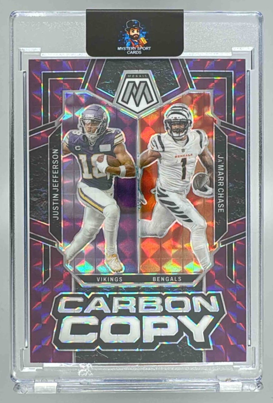 Card image for 2024 Panini Mosaic Ja'Marr Chase Justin Jefferson Carbon Copy Purple /49 #CC-5 Vikings Bengals