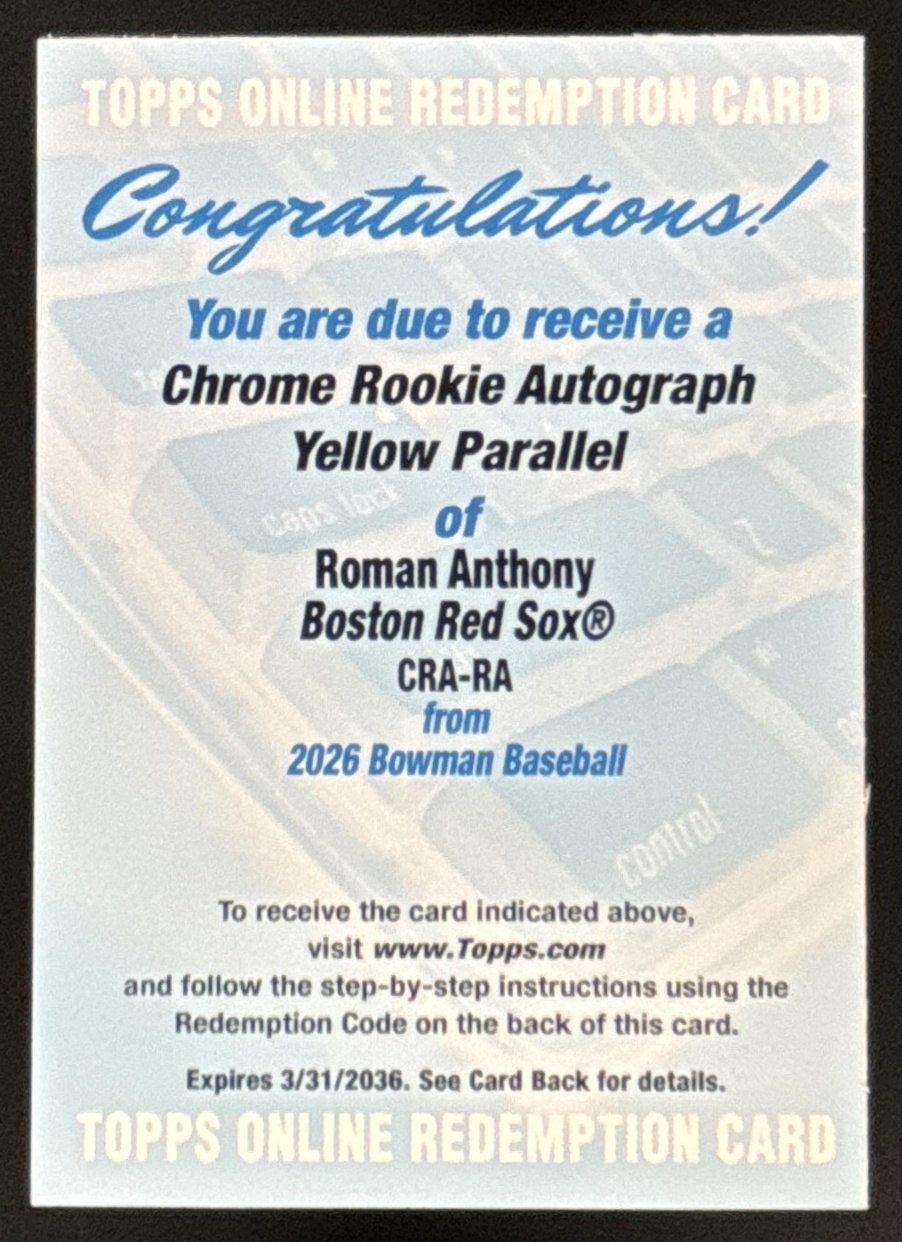 Card image for Roman Anthony 2026 Bowman Yellow Refractor /75 Chrome Rookie Auto Boston Red Sox