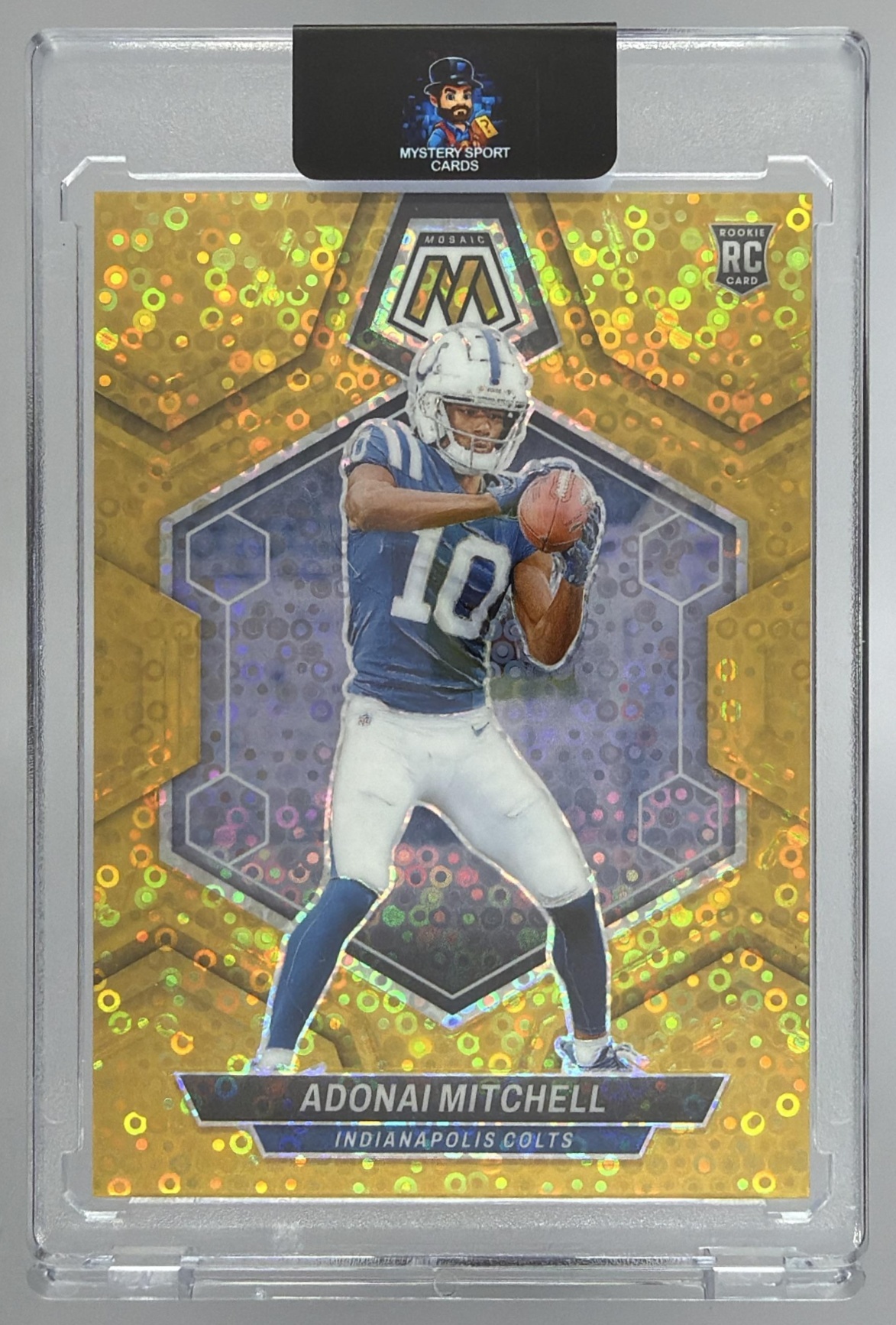 Card image for 2024 Panini Mosaic Adonai Mitchell No Huddle Gold Prizm /10 #350 RC Colts